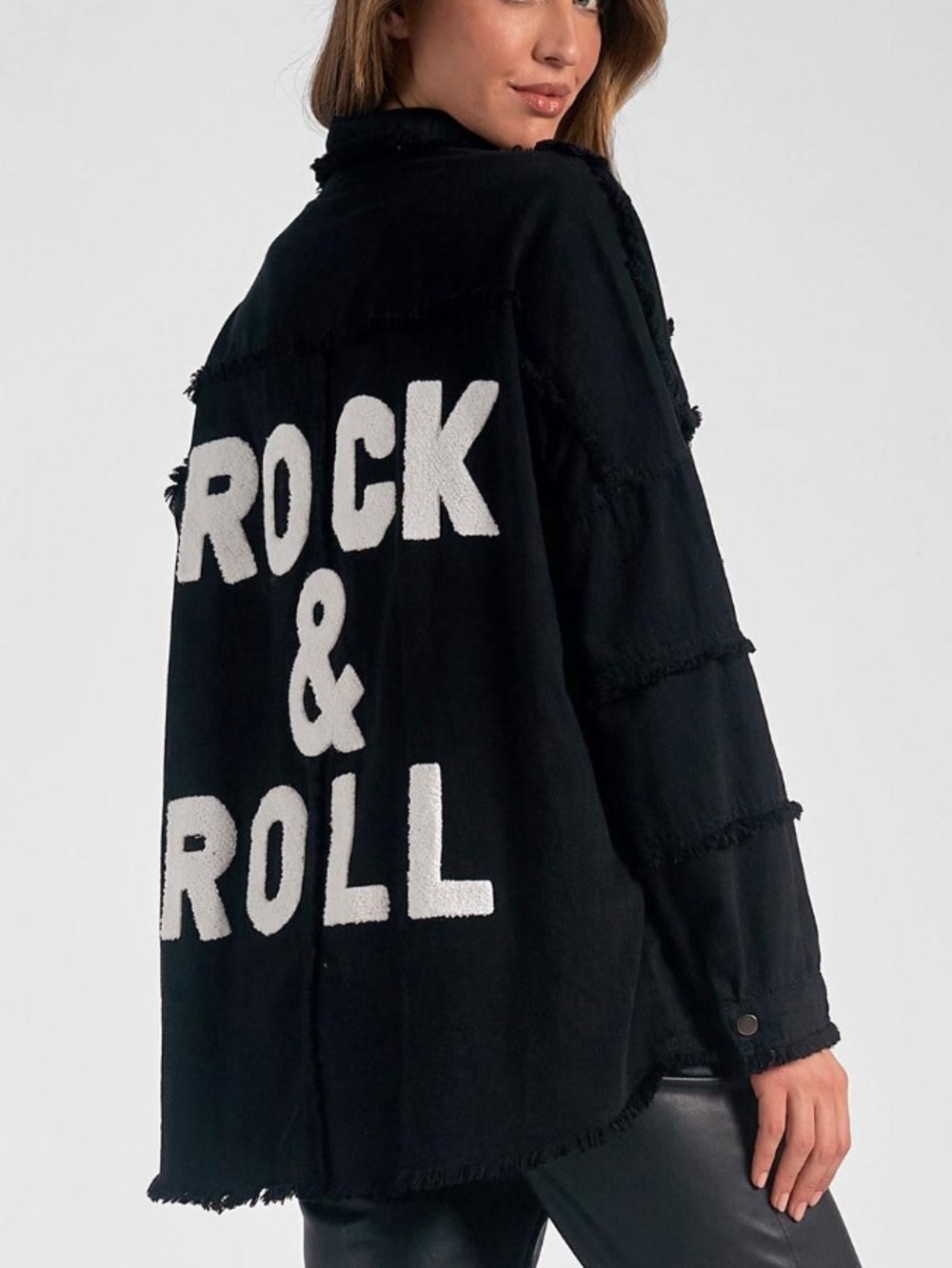 Elan Black Jacket with White "Rock & Roll" Back Graphic Oversized XS